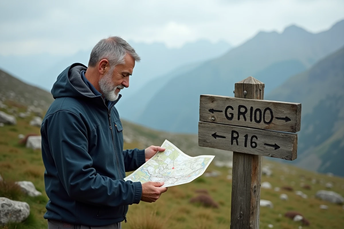 Randonneur lisant une carte de sentier GR10 devant un panneau de randonnée dans les Pyrénées françaises