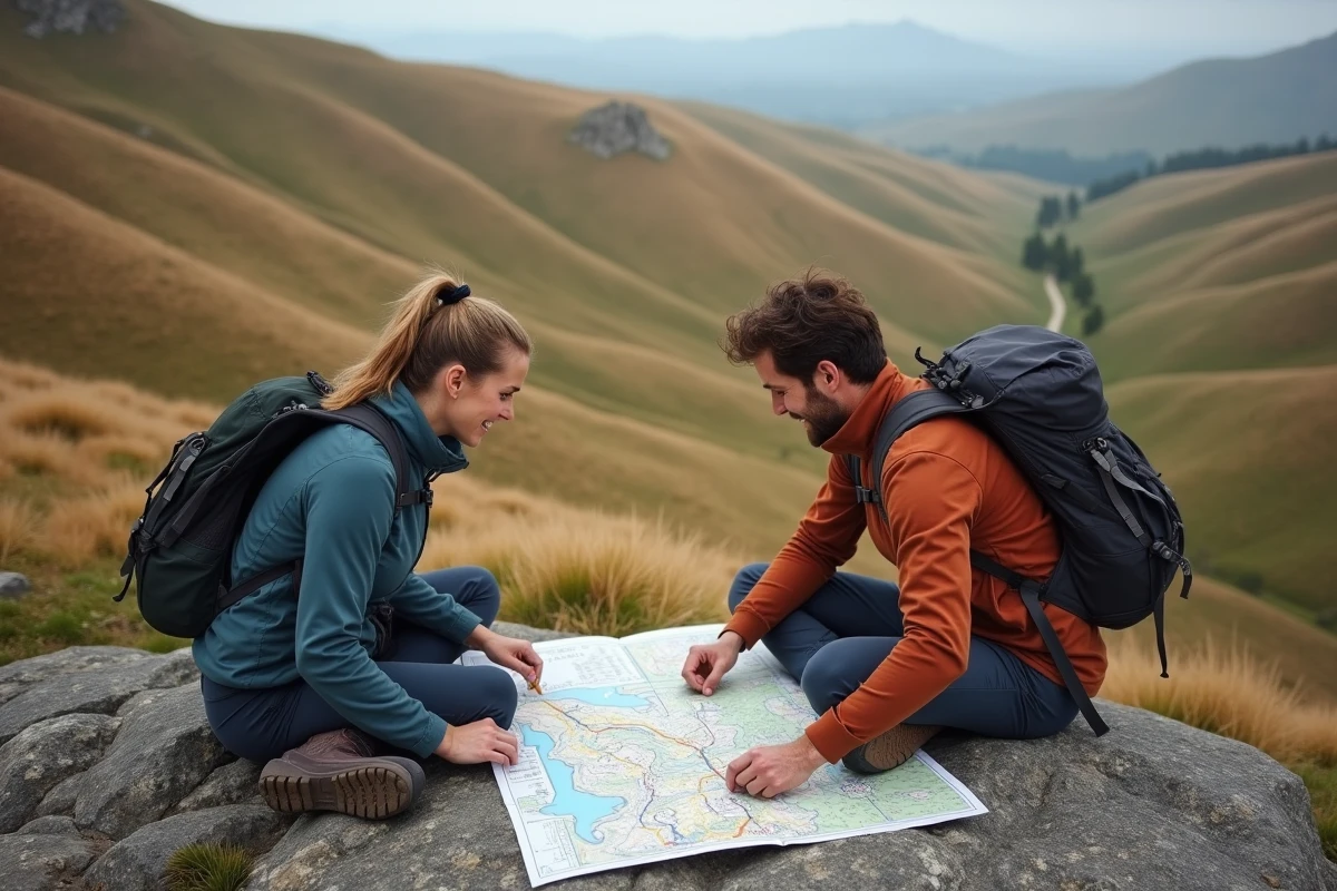 Deux randonneurs étudiant une carte IGN sur un rocher dans le Massif Central lors d'une pause sur un GR