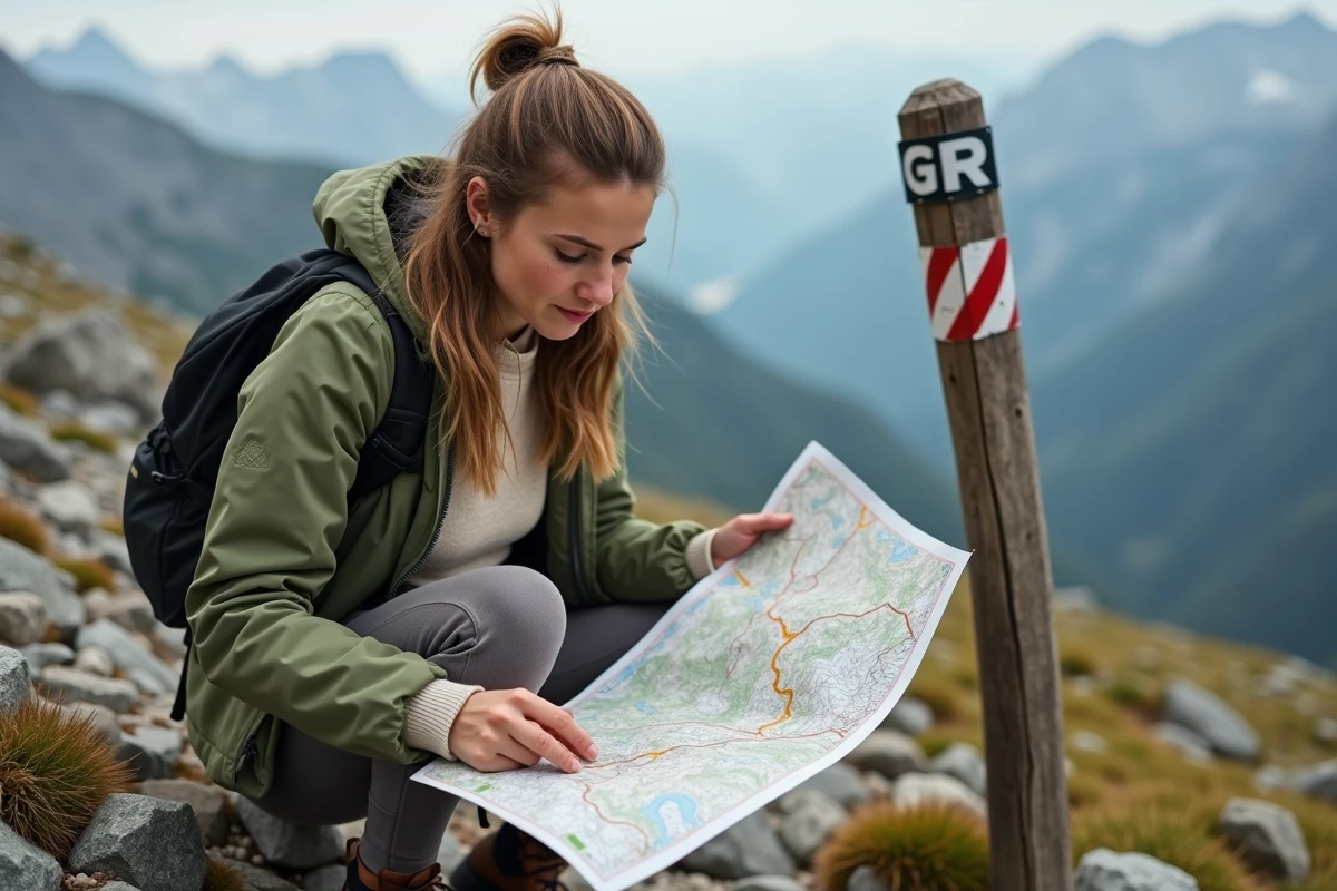 Randonneuse consultant une carte topographique IGN sur un sentier de Grande Randonnée dans les Alpes françaises