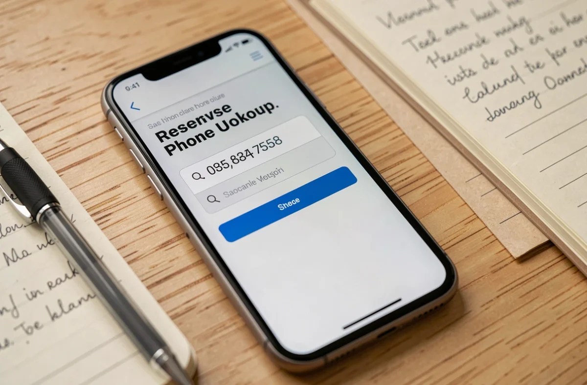 Gros plan d'un smartphone affichant un site de recherche inversée pour identifier un numéro de téléphone inconnu