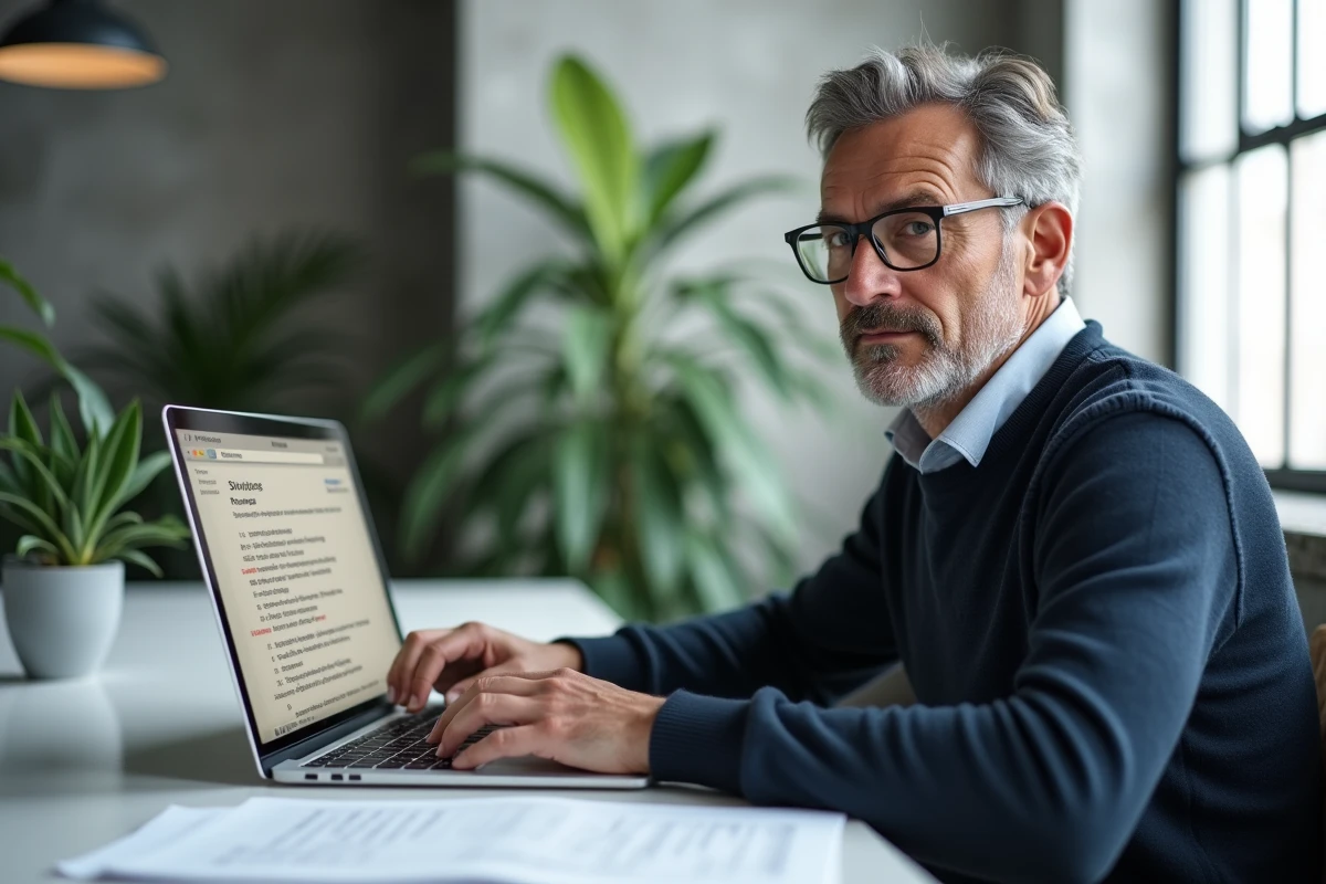Rédacteur professionnel révisant un document sur ordinateur portable dans un espace de coworking minimaliste