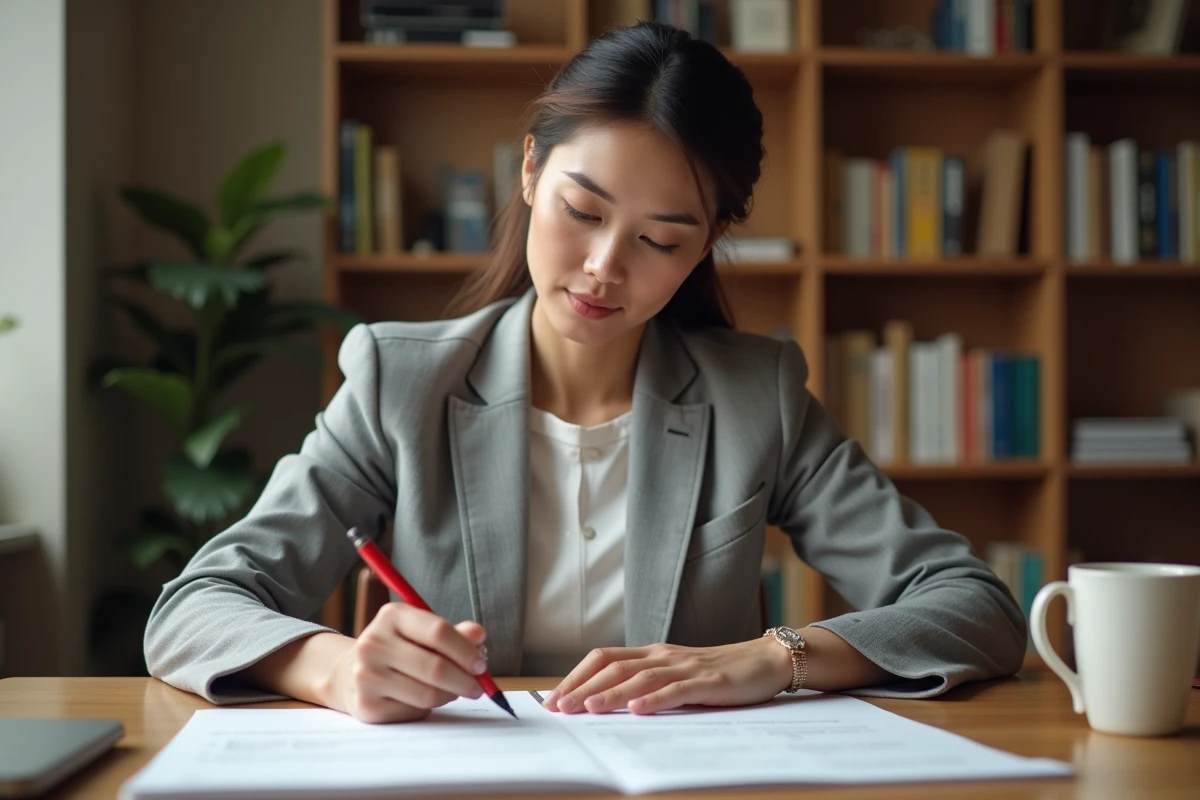 Rédactrice professionnelle corrigeant un texte avec un stylo rouge sur des documents imprimés dans un bureau moderne