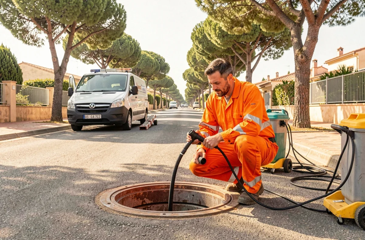 Spécialiste de Renovcanalisation RC Contractors effectuant une inspection de canalisation avec une caméra sur une rue résidentielle de Fréjus