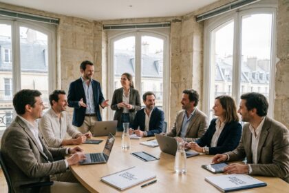 Professionnels en réunion de planification d'un événement d'entreprise dans un espace coworking parisien avec vue sur les toits haussmanniens