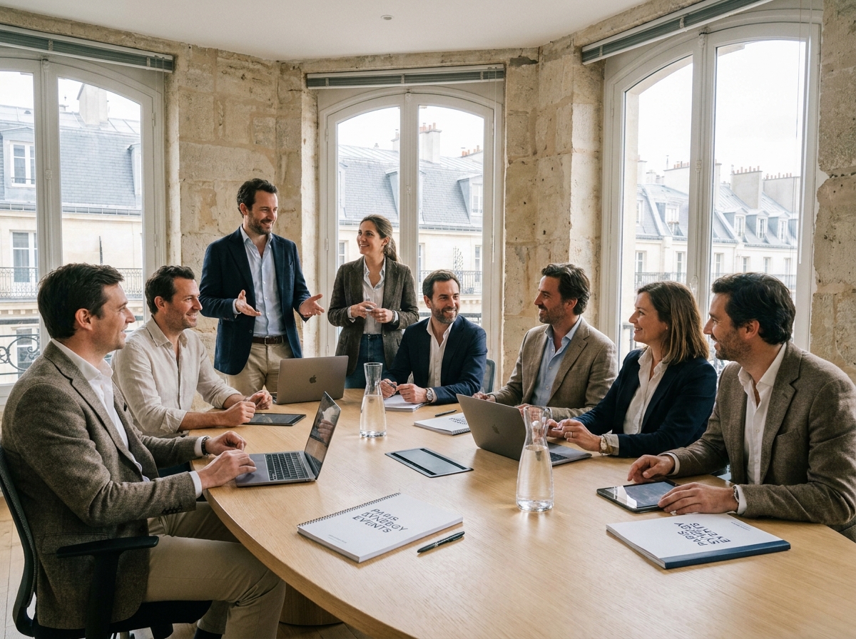 Professionnels en réunion de planification d'un événement d'entreprise dans un espace coworking parisien avec vue sur les toits haussmanniens