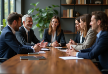 Groupe de professionnels en réunion dans un bureau moderne