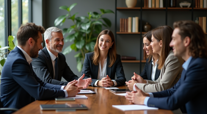 Groupe de professionnels en réunion dans un bureau moderne