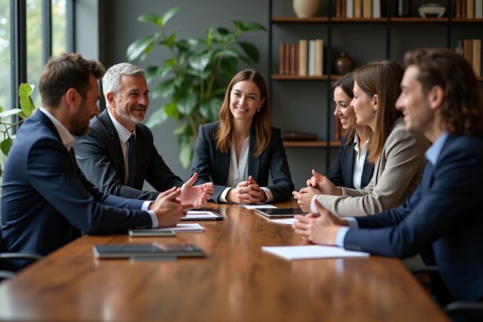 reunion-professionnels-bureau Groupe de professionnels en réunion dans un bureau moderne