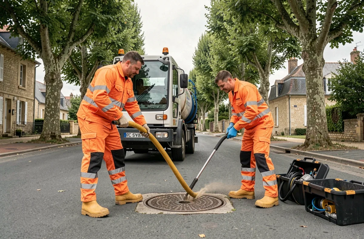 Équipe de Sanet Société d'Assainissement et de Nettoiement intervenant sur un réseau d'égouts en ville