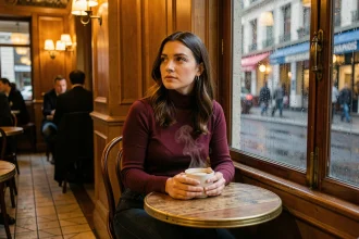 Femme attablée dans une brasserie parisienne un soir de pluie, tenant une tasse de café face à la fenêtre ruisselante