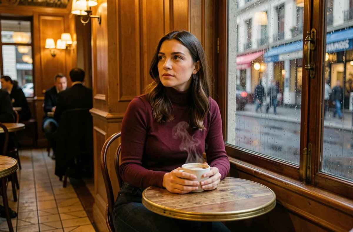 Femme attablée dans une brasserie parisienne un soir de pluie, tenant une tasse de café face à la fenêtre ruisselante