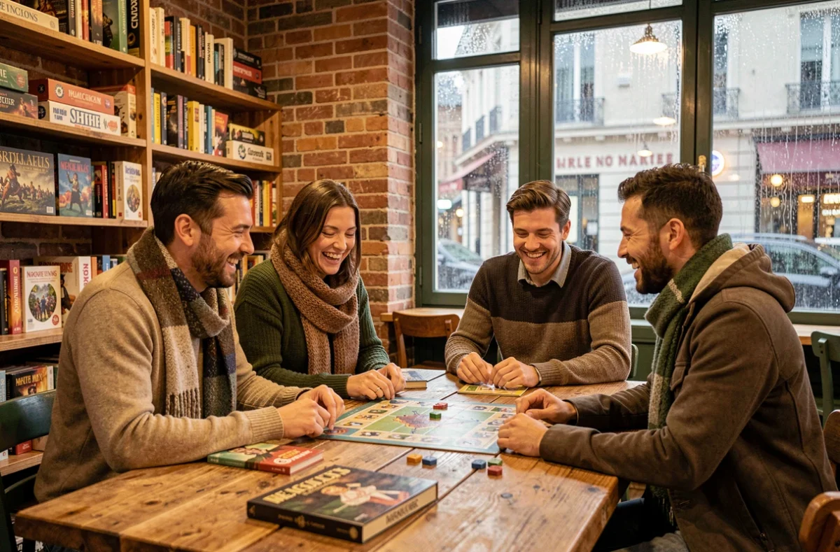 Groupe d'amis jouant à des jeux de société dans un café ludique parisien par une soirée pluvieuse