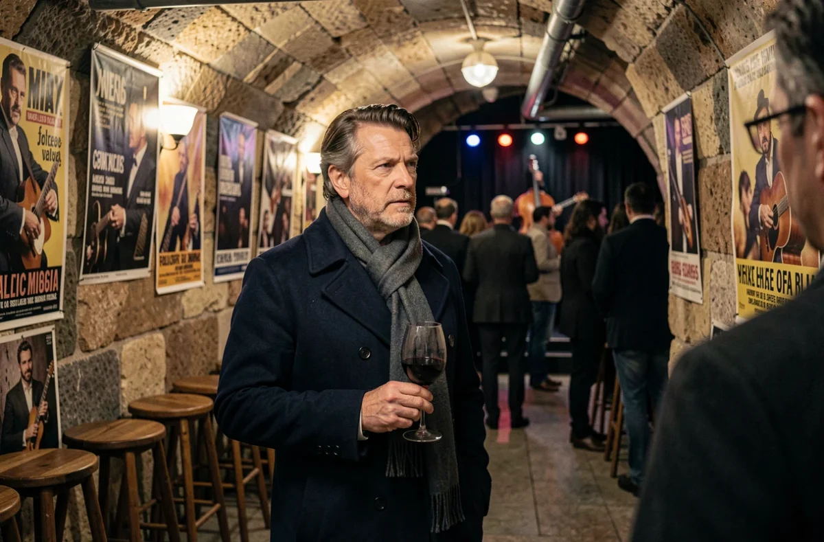 Homme écoutant du jazz dans une cave parisienne typique lors d'une soirée pluvieuse à Paris