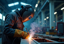 Soudeur en protection effectuant une soudure à l'arc dans un atelier moderne