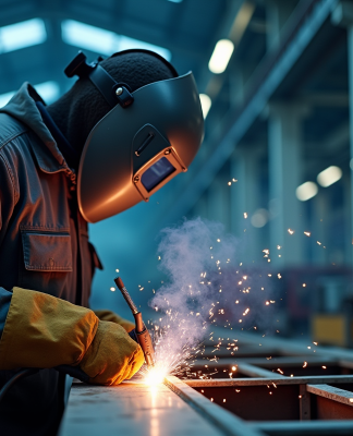 Soudeur en protection effectuant une soudure à l'arc dans un atelier moderne