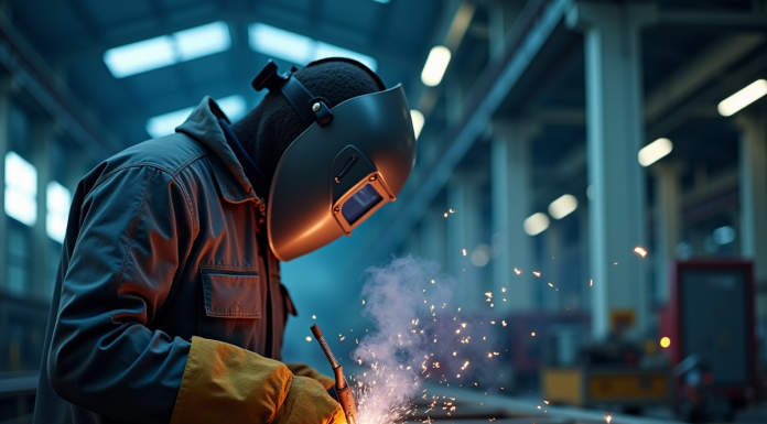 Soudeur en protection effectuant une soudure à l'arc dans un atelier moderne