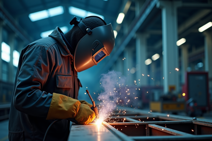 Soudeur en protection effectuant une soudure à l'arc dans un atelier moderne