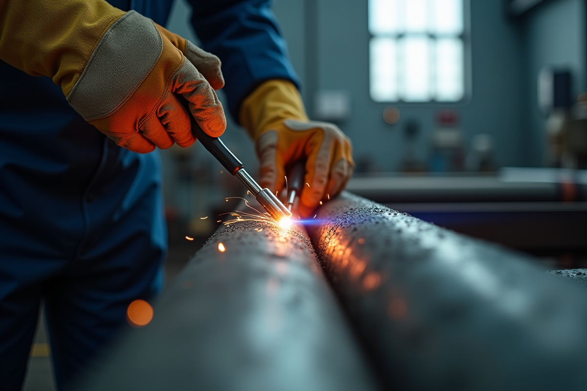 Détail de deux tuyaux soudés avec TIG par des mains gantées