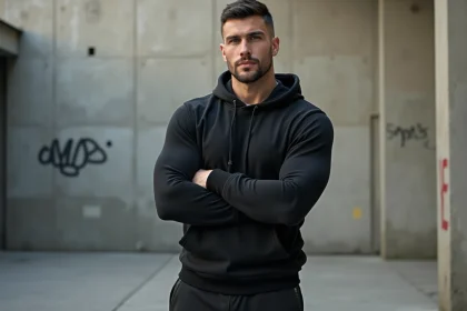 Portrait en pied d'un homme grand et musclé en hoodie noir devant un mur urbain, illustrant la taille et le physique de Lacrim