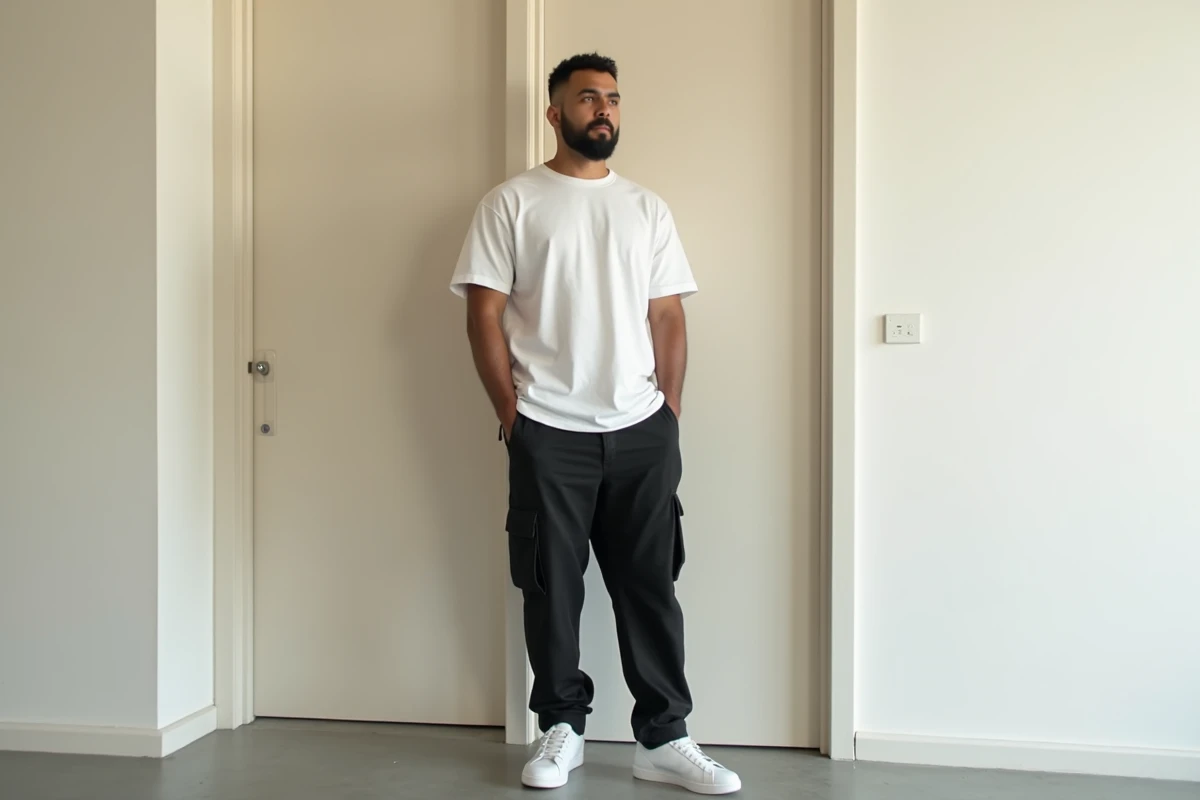 Homme grand aux épaules larges en tenue décontractée blanc et noir posant près d'un encadrement de porte pour illustrer sa stature