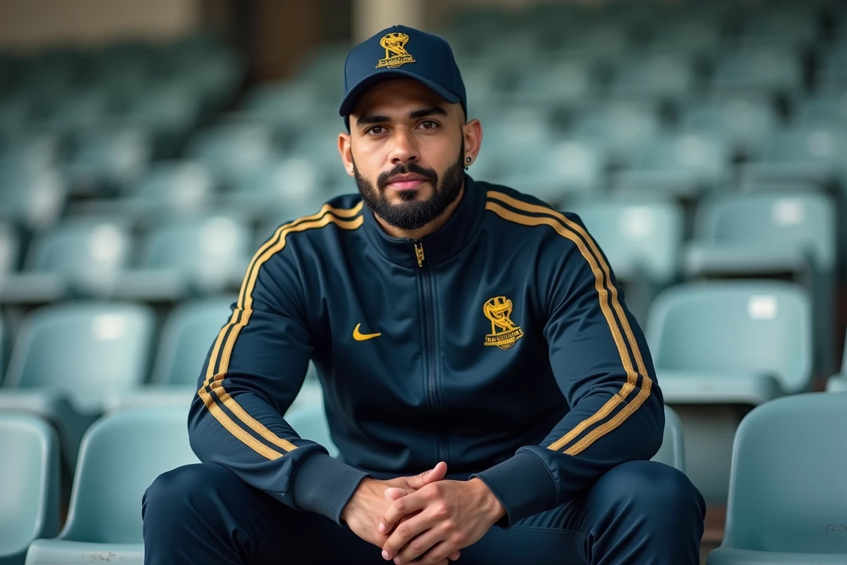Homme musclé en survêtement marine et or assis sur un banc de stade, illustrant le physique et le style vestimentaire de Lacrim