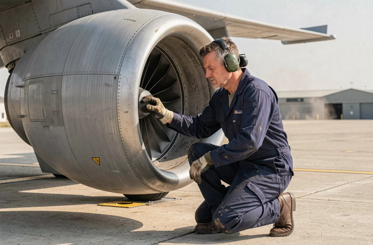 Technicien de l'armée de l'air inspectant le réacteur d'un avion militaire sur le tarmac d'une base aérienne