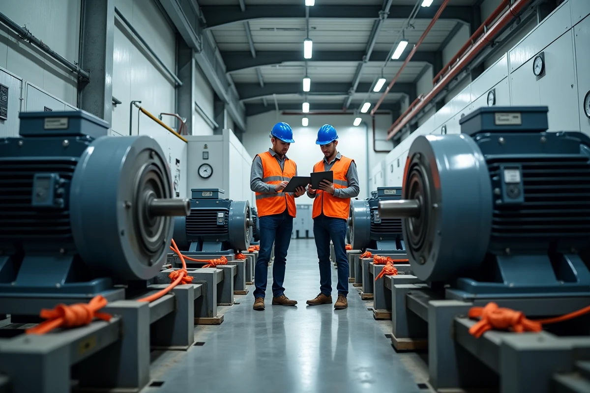 Deux techniciens analysant les performances de moteurs synchrone et asynchrone sur des bancs d'essai dans un centre industriel de test électrique