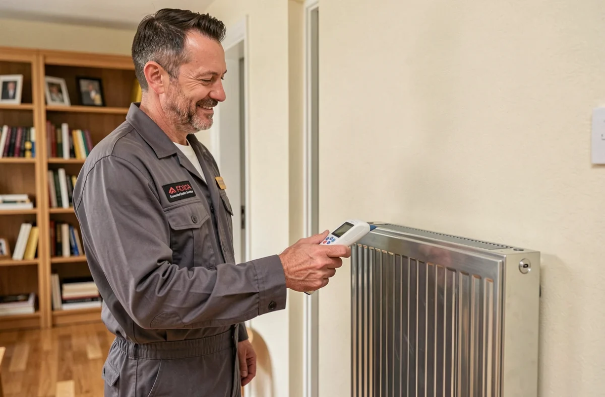 Technicien de Thierry Plomberie Chauffage vérifiant l'installation d'un radiateur dans un salon résidentiel