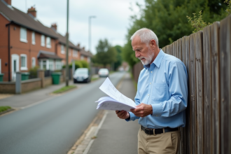 Homme d'âge moyen examinant des plans d'urbanisme dans une rue tranquille