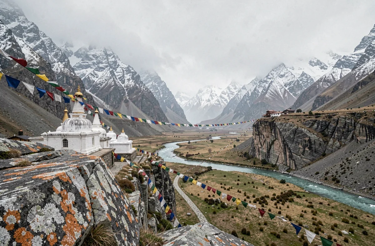 Vallée himalayenne isolée avec stupas bouddhistes et drapeaux de prières, paysage évoquant le royaume mythique de Shamballa