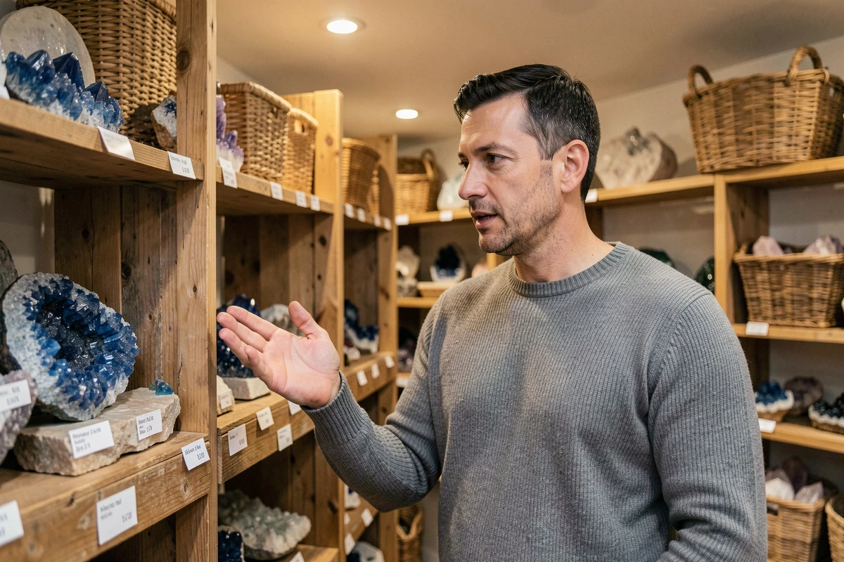 Vendeur en boutique de minéraux expliquant la signification réelle d'une pierre bleue devant un présentoir, contexte de correction des idées reçues