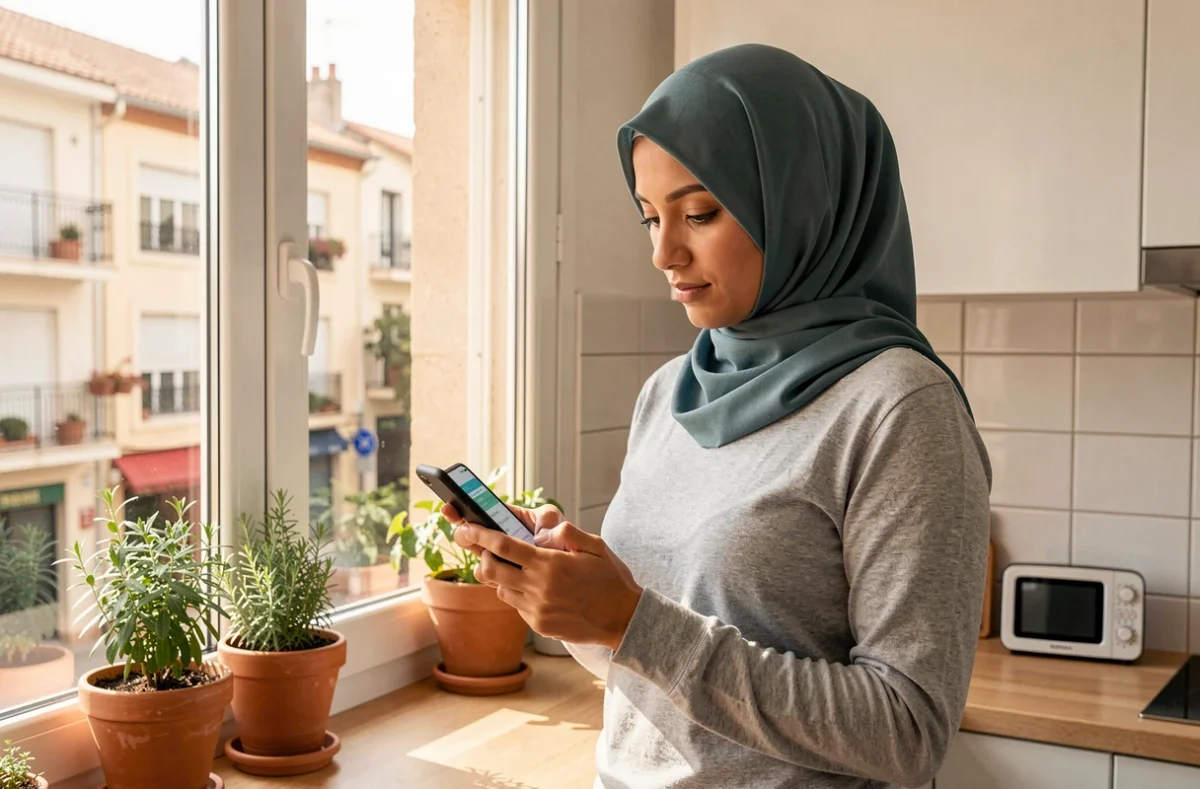 Jeune femme voilée vérifiant les horaires de prière du Ramadan sur son téléphone dans une cuisine à Montpellier