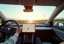 Tesla moderne en conduite autonome sur l'autoroute en journée