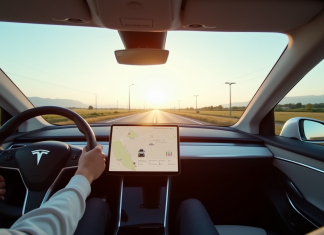 Conduite autonome Tesla : les secrets de la technologie révolutionnaire ! Tesla moderne en conduite autonome sur l'autoroute en journée