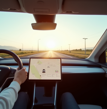 Conduite autonome Tesla : les secrets de la technologie révolutionnaire ! Tesla moderne en conduite autonome sur l'autoroute en journée