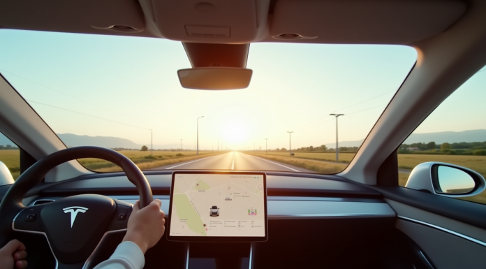 Tesla moderne en conduite autonome sur l'autoroute en journée