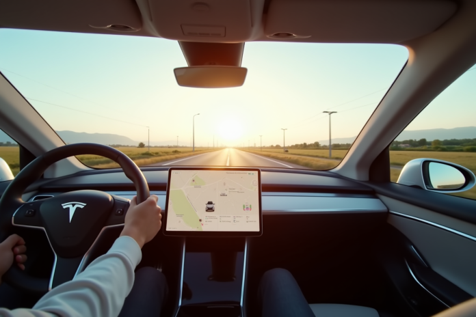 voiture-tesla-autonome-route Tesla moderne en conduite autonome sur l'autoroute en journée