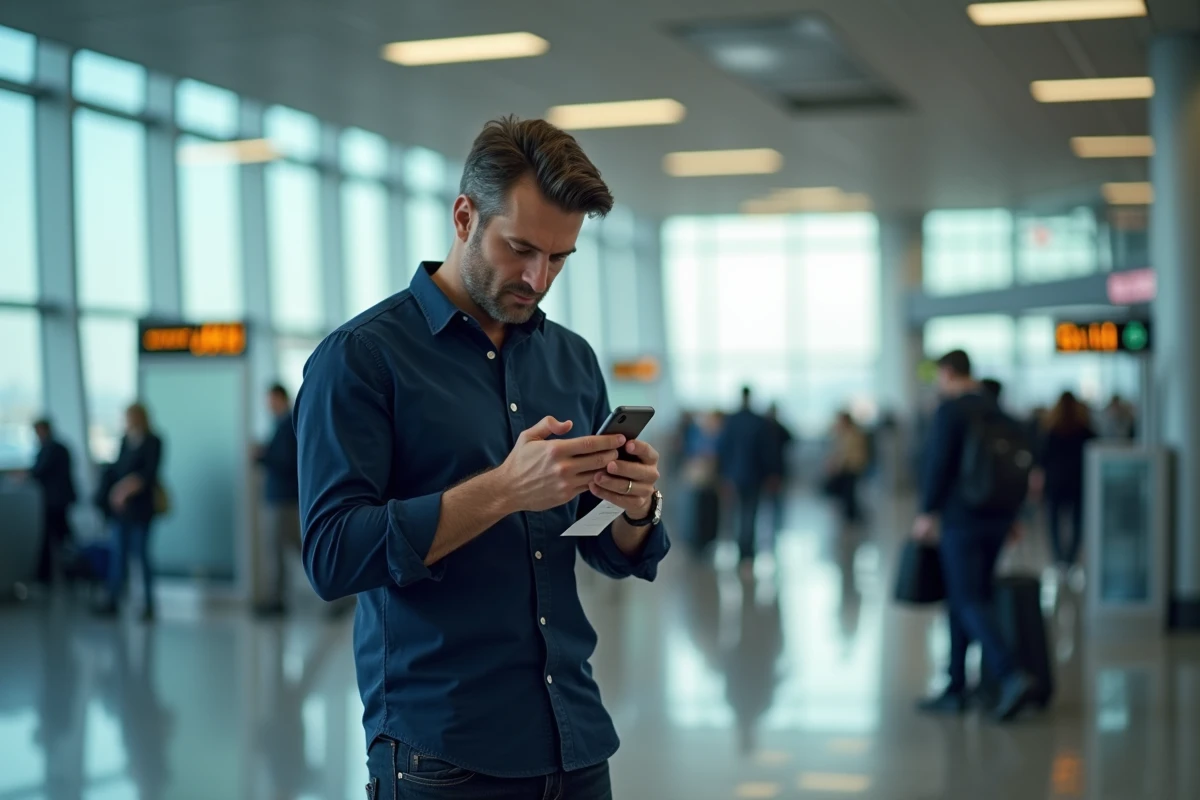 Voyageur en aéroport international consultant son smartphone pour vérifier les frais d'appels et éviter les surtaxes liées au code 32 et aux numéros internationaux