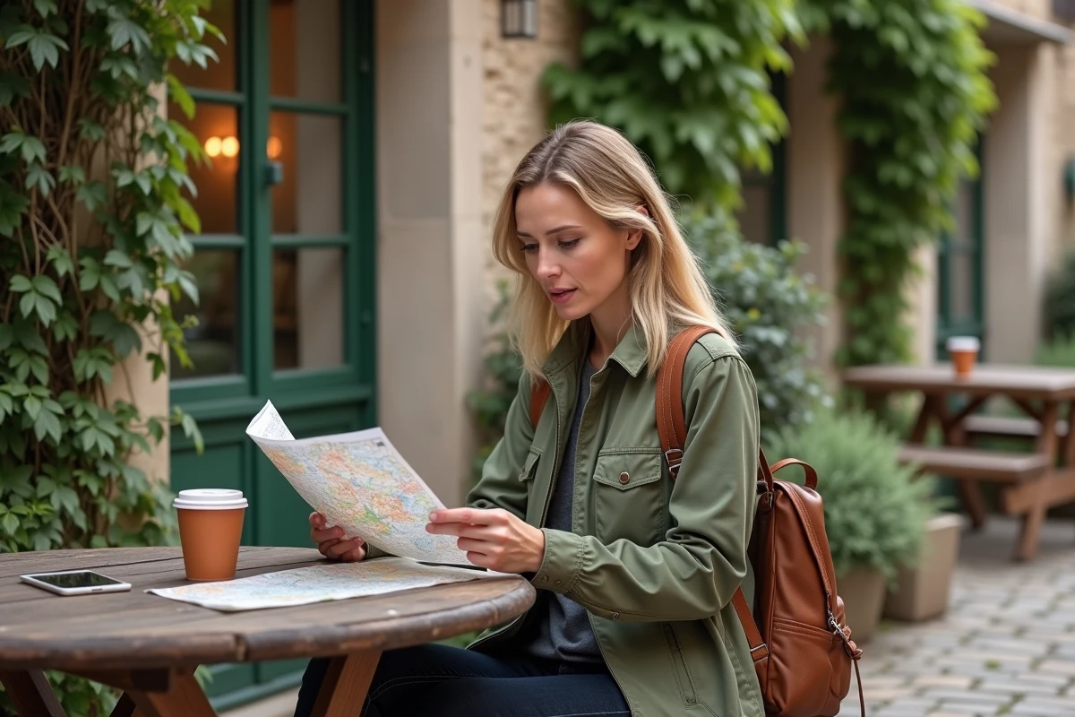 Voyageuse consultant une carte routière en terrasse d'une auberge de village pittoresque à Bésigny, avec façade en pierre et volets verts